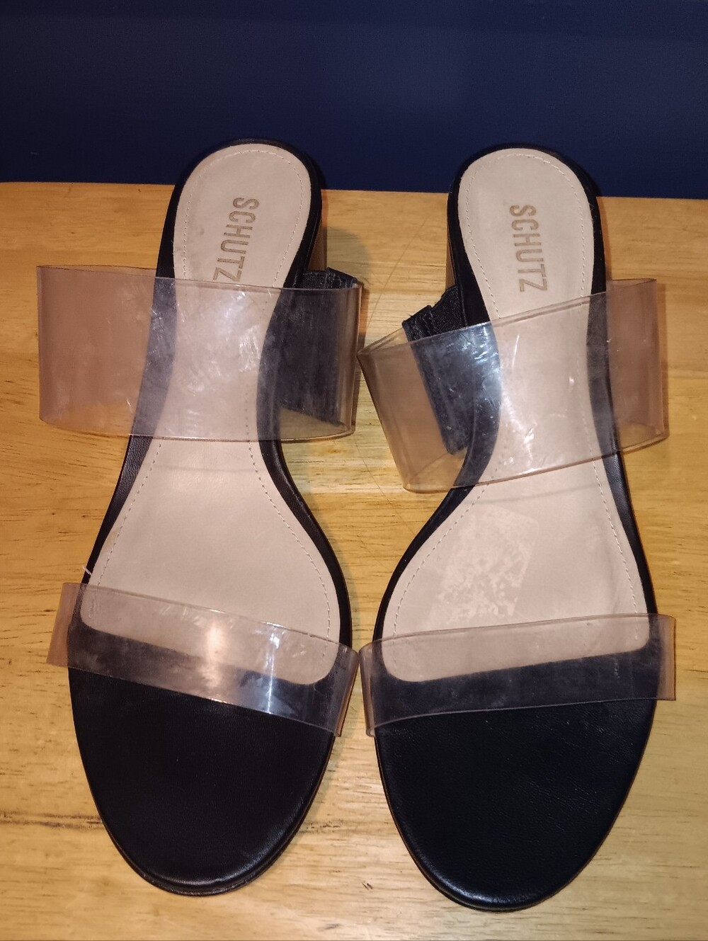SCHUTZ Black Leather Sandals with Clear Double Straps Size 11